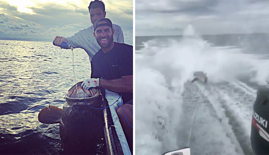 Michael Wenzel (back) and Robert Lee “Bo” Benac (front) have been identified as two of the men allegedly behind a video that went viral of a boat dragging a shark at high speed. Photo: Facebook