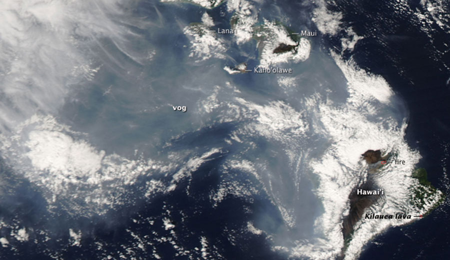 VOG (volcanic fog), produced by gases from Kilauea, hangs low over the Hawaiian Islands on December 3, 2008, producing unhealthy sulfur dioxide concentrations. Image: NASA Earth Observatory