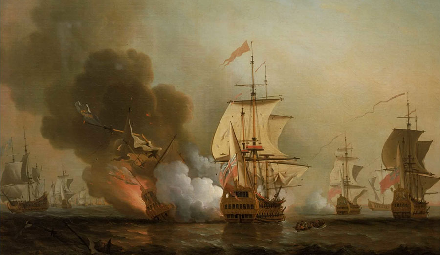 Explosion of San José during Wager's Action. Oil on canvas by Samuel Scott. Image: Wikimedia Commons