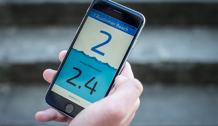 The app takes a variety of factors and puts them together to give you a number that correlates to the likelihood of a shark attack.