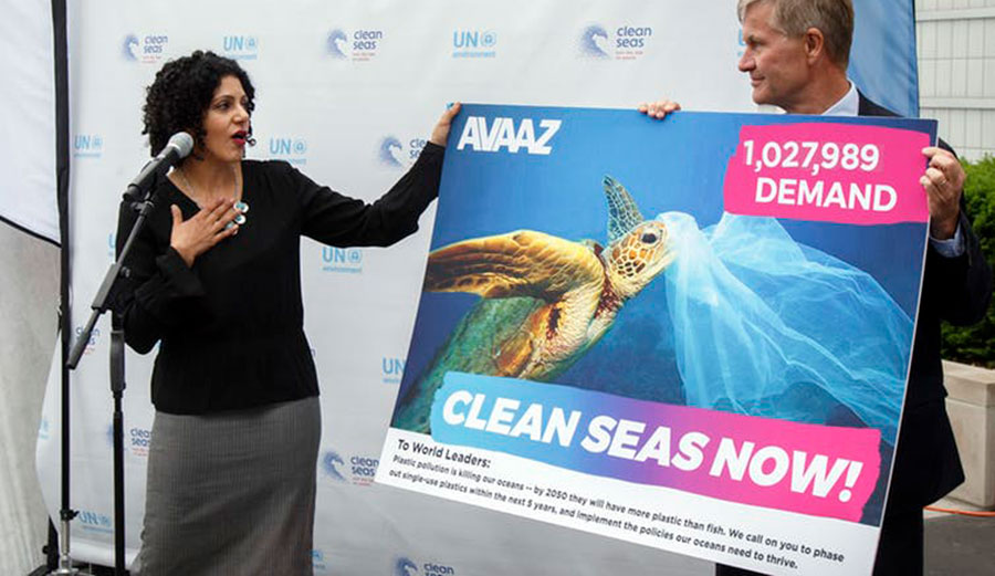 United Nations Environment head Erik Solheim receives an AVAAZ petition signed by over one million people urging action to reduce plastic pollution in the world’s oceans, Tuesday, June 6, 2017, at U.N. Headquarters. Jason DeCrow/AP Photo