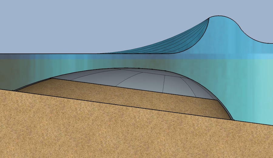 The Airwave is an inflatable self-anchored bladder that can be installed to turn a walled wave into an a-frame. Photo: Airwave