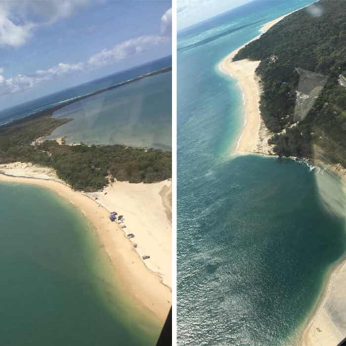 The photo on the left shows the area of beach intact back in February (left) and a photo taken on Monday (right) where the shoreline has eroded well into the treeline. Photo: Left: Leasha Langford/Facebook Right: Rainbow Beach Helicopters/Facebook
