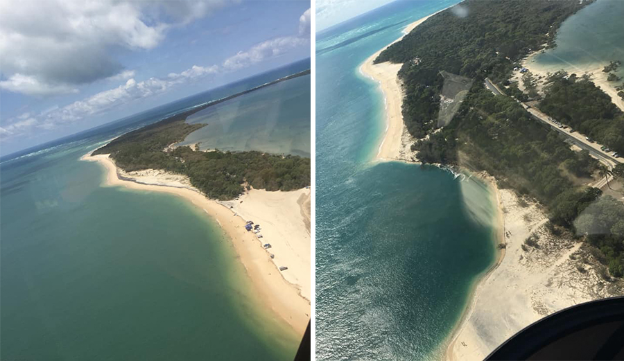 The photo on the left shows the area of beach intact back in February (left) and a photo taken on Monday (right) where the shoreline has eroded well into the treeline. Photo: Left: Leasha Langford/Facebook Right: Rainbow Beach Helicopters/Facebook