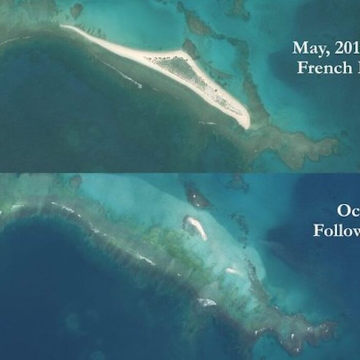 Before and after pictures show East Island being completely wiped out by Hurricane Walaka earlier this month. Images: US Fish and Wildlife Service