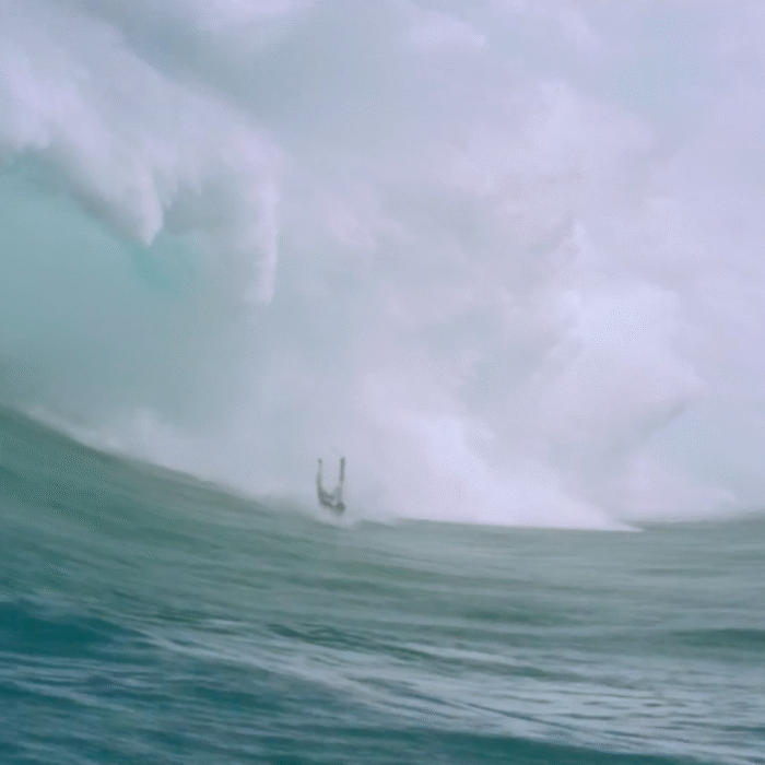 Alex Botelho getting run over by a freight train at Pe'ahi. The event was called off on Monday for the swell being too big for the safety of competitors. Photo: WSL