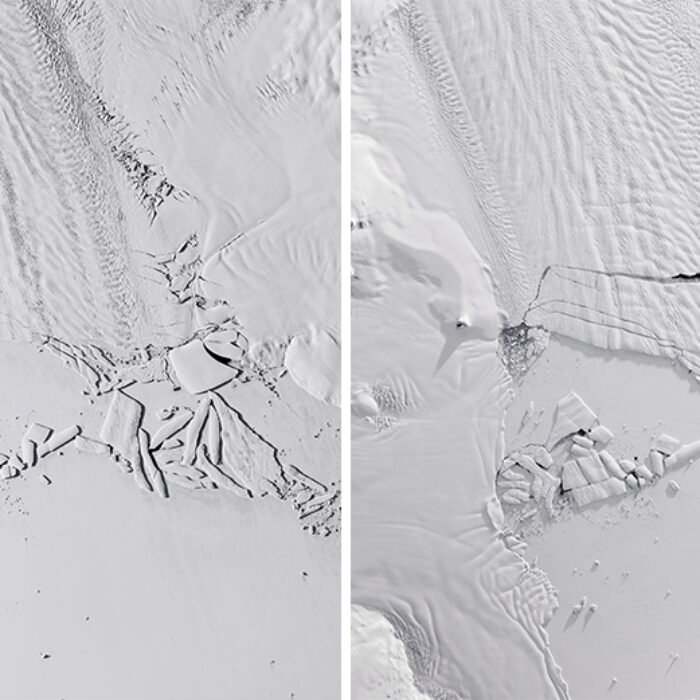 NASA satellite imagery shows a before and after of an iceberg the size of Atlanta calving off Pine Island Glacier in Antarctica. Photo: NASA