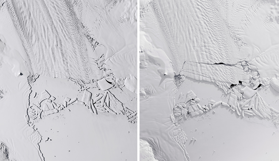 NASA satellite imagery shows a before and after of an iceberg the size of Atlanta calving off Pine Island Glacier in Antarctica. Photo: NASA