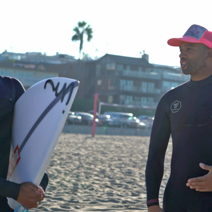 Ryan Harris of Earth Technologies and Surfer Hunter Jones at El Porto in Los Angeles
