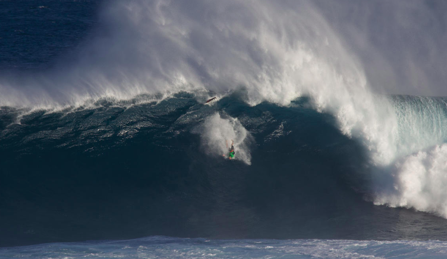 During this year's Jaws Challenge, Shane Dorian elevator dropped 15 feet. It's courses like Mark Visser's Ocean Warrior Course that prepare Dorian for the worst in heavy surf. Photo: Morris/WSL