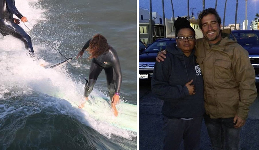 Rhonda Harper of Black Girls Surf approached Wagner Lima, who came under fire several weeks ago for an aggressive leash pull incident in Venice, to officially bury the hatchet. Photo: Harper/Instagram