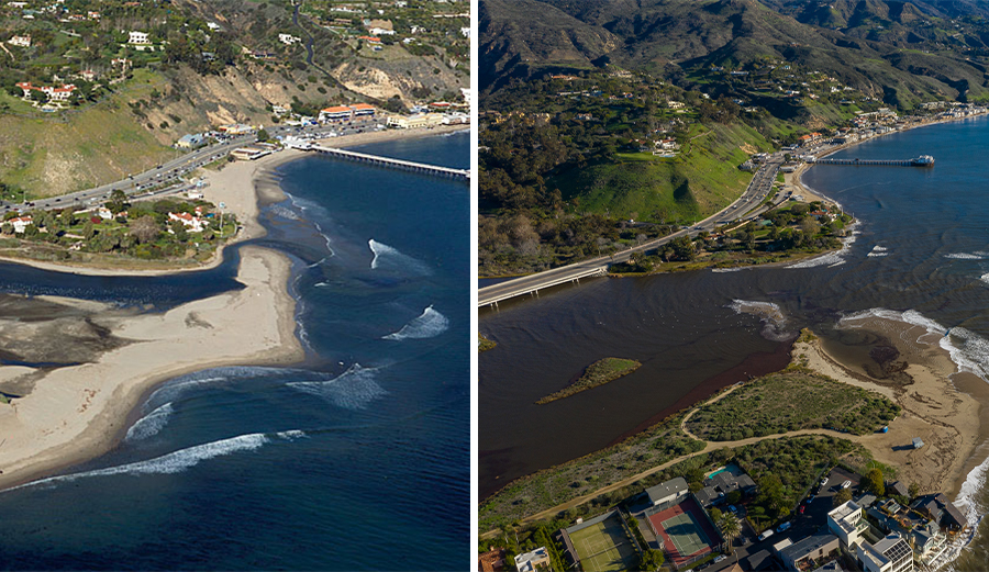 Aerial comparison of Malibu after king tides.