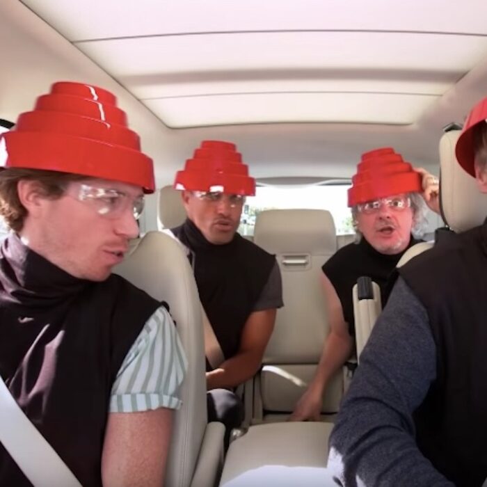 Tony Hawk, Shaun White, Kelly Slater, and Mark Mothersbaugh singing Devo!