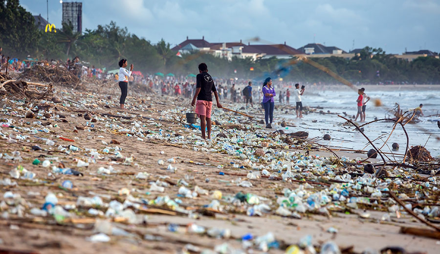 Plastic pollution on a beach on Bali, Indonesia.