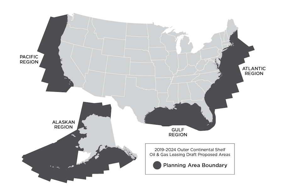 Map shows proposed areas for oil exploration in the US.