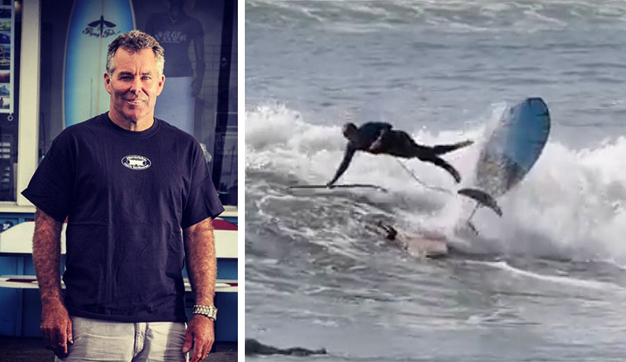 Jeff Clark hydrofoil surfing at Cowell's in Santa Cruz