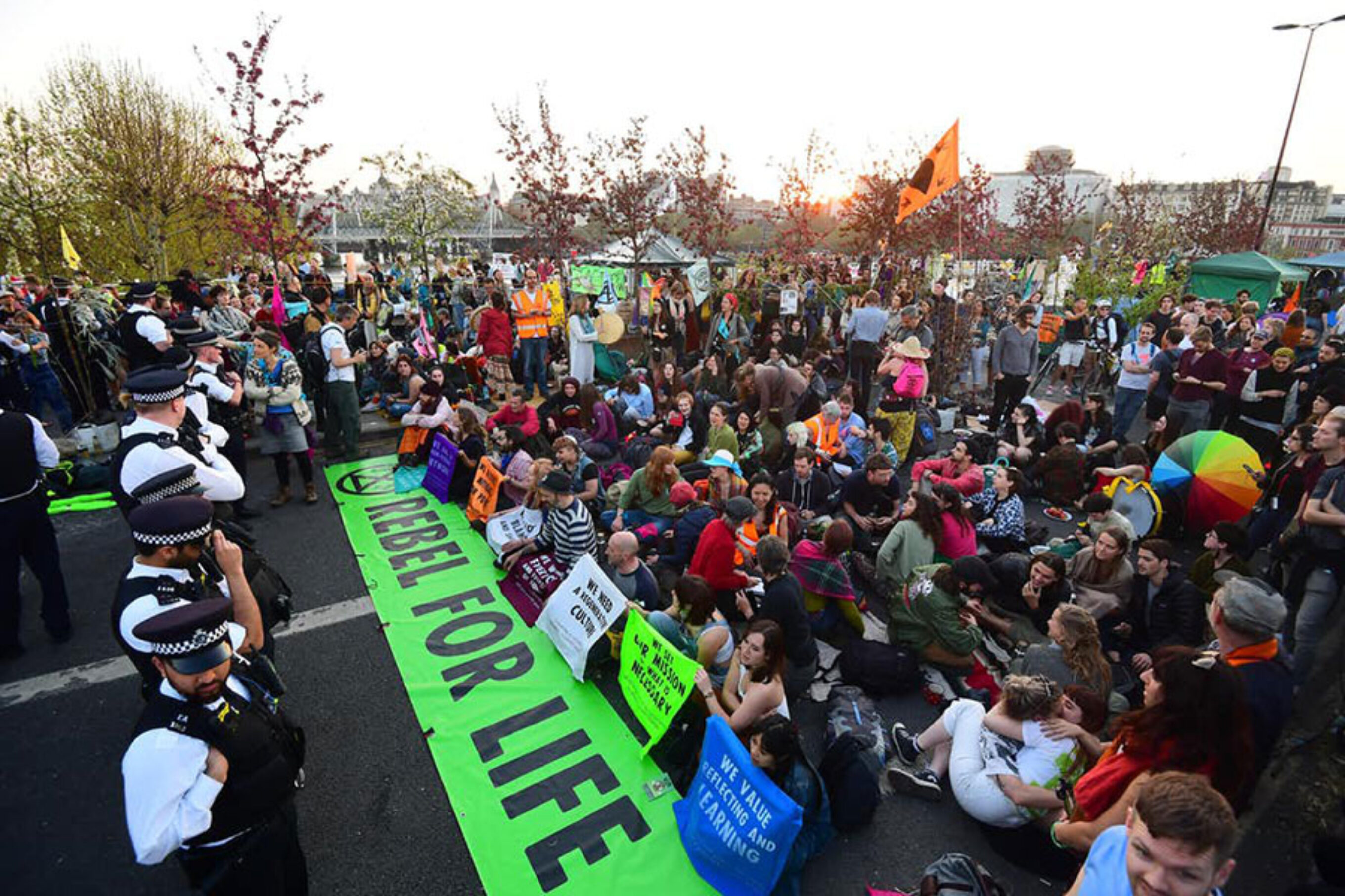 Extinction Rebellion occupy Waterloo Bridge in London, April 2019. 