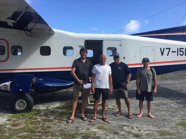 Here's to not blowing a dream trip with Kelly Slater and Jack Johnson. (Left to right.) The author, Jamie Tierney, Kelly Slater, Cap'n, and Todd Glaser. Photo courtesy Jamie Tierney