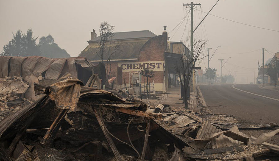 Destroyed buildings are seen in Cobargo, NSW