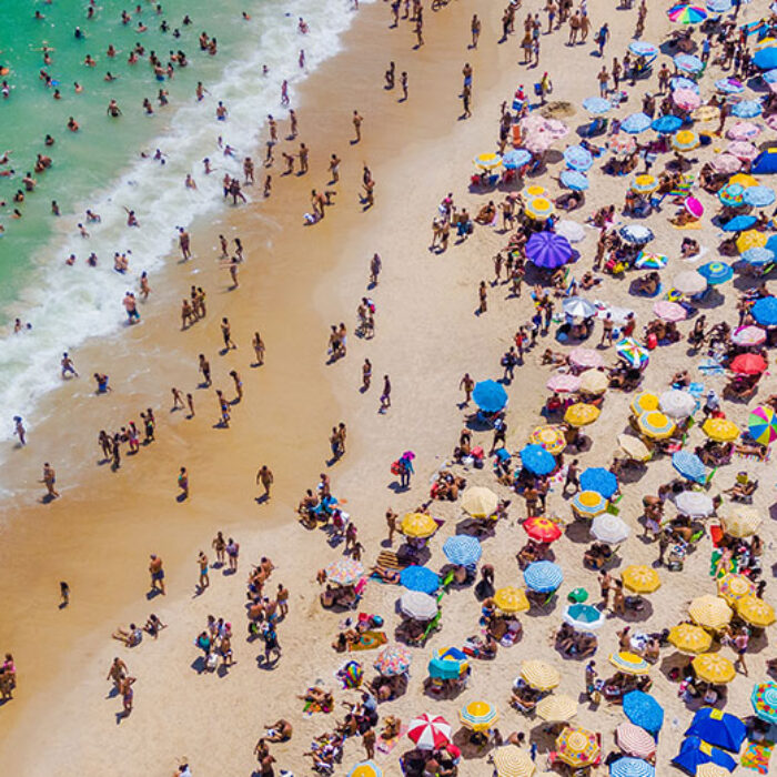 A crowded Copacabana Beach in Rio de Janeiro, Brazil.