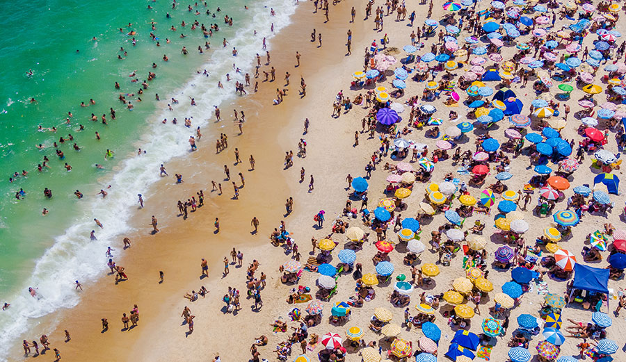 A crowded Copacabana Beach in Rio de Janeiro, Brazil.