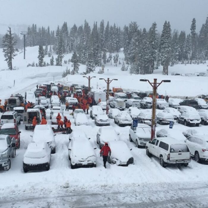 cars in snow at mammoth mountain