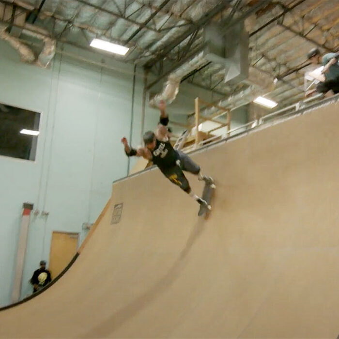 Big Boy skating on Tony Hawk's vert ramp
