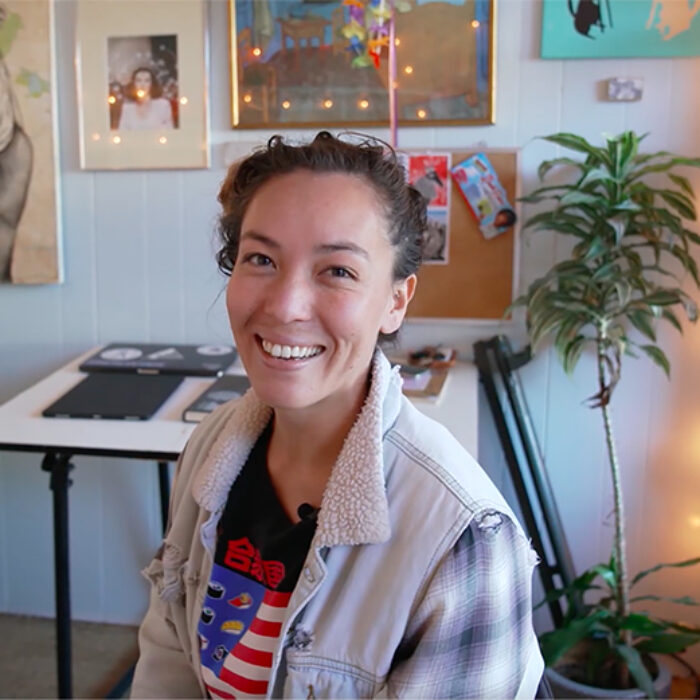 Robin Lanei, a surfing artist, in her home in Monterey Bay, California