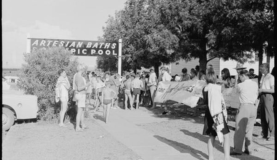 Student Action for Aborigines protest outside Moree Artesian Baths, 1965.