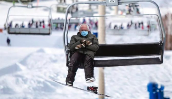 Bernie Sanders in a chairlift meme after Presidential Inauguration 