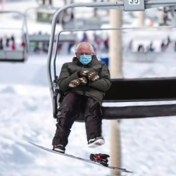 Bernie Sanders in a chairlift meme after Presidential Inauguration