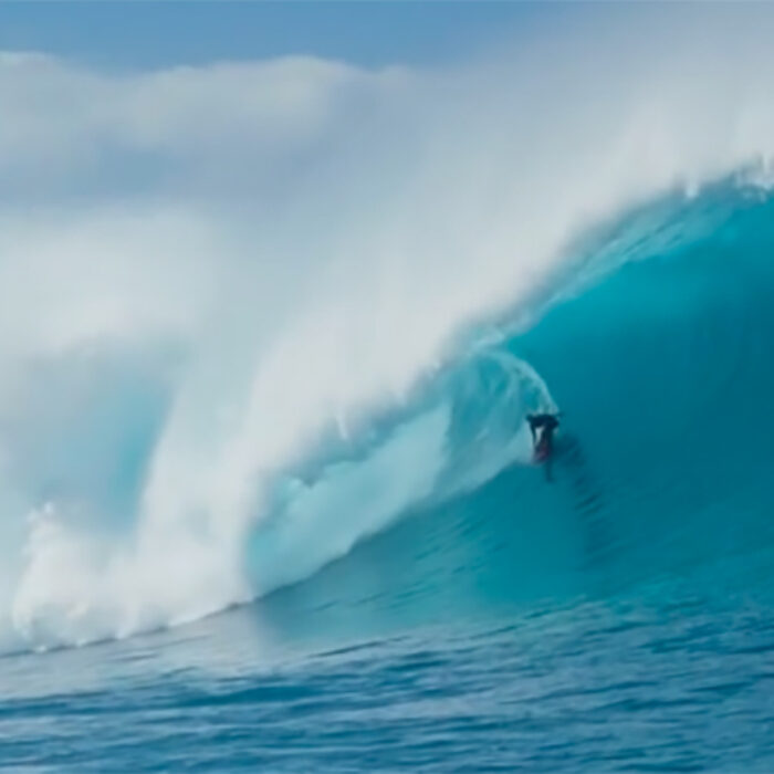 John John Florence in the barrel of a big outer-reef wave on Oahu