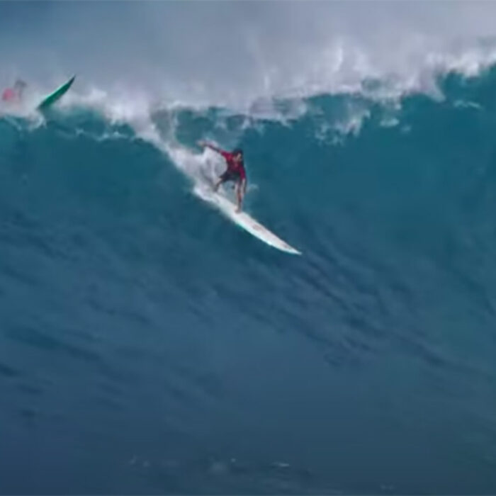 Mason Ho surfs a gun surfboard at big waimea bay