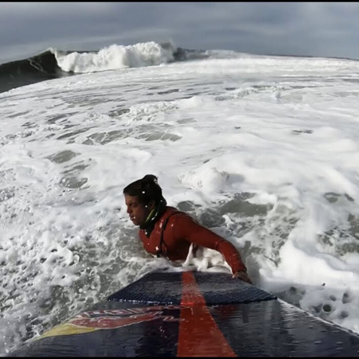 Kai Lenny about to be crushed by a wave at Maverick's