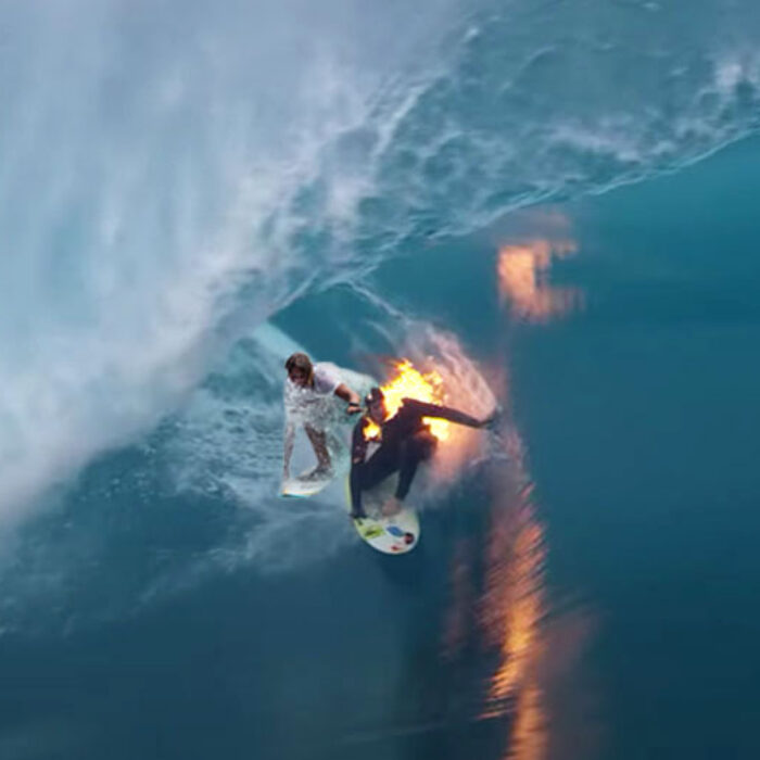 two surfers in barrel at Teahupoo
