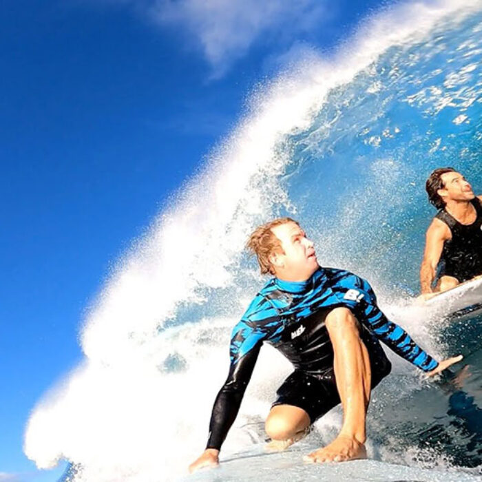 Jamie O'Brien Mason Ho in a Pipeline barrel together