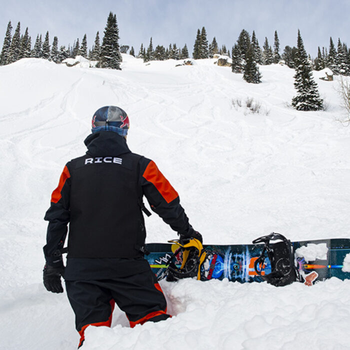 Travis Rice looking up at the Natural Selection course