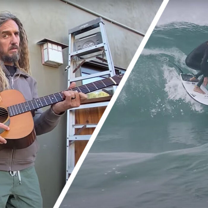 Rob Machado playing guitar and surfing