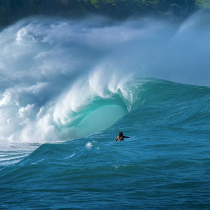 Surfer watches wave
