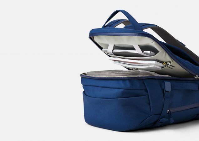 the yeti crossroads 35 liter backpack clamshell opening allows easy access to cargo area and laptop compartment.