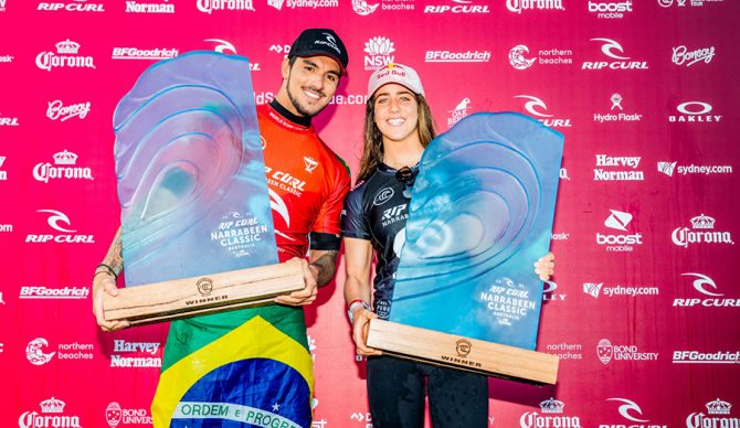 Gabriel Medina and Caroline Marks on the victors stand in Narrabeen