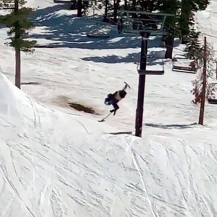 An adaptive skier throws a Cork 720 at the Boreal terrain park