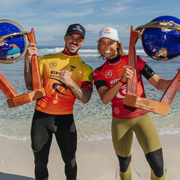 Sally Fitzgibbons and Gabriel Medina with their Rottnest winner's trophies