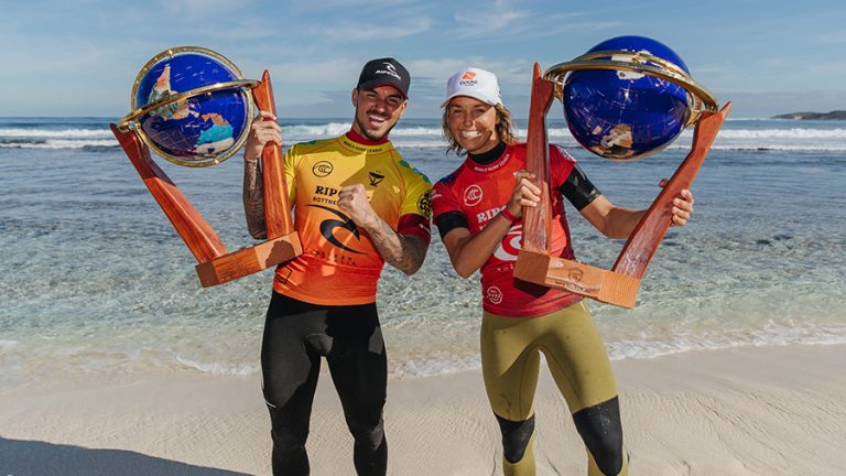 Sally Fitzgibbons and Gabriel Medina with their Rottnest winner's trophies