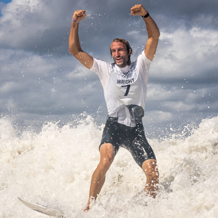 Owen Wright celebrates after winning Australias first surfing Olympic medal