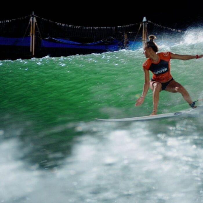 Tia Blanco Surfing on her backhand at the Surf Ranch Ultimate Surfer