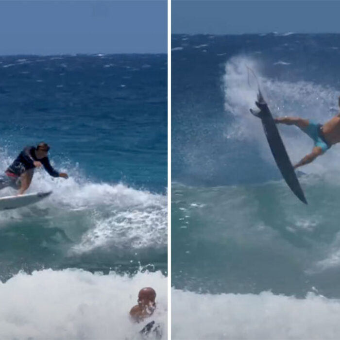 Kelly Slater and Eli Olson surfing