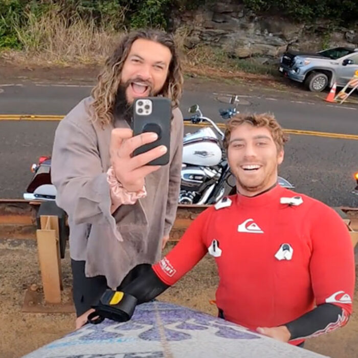 Koa Rothman at Waimea Bay with Jason Momoa