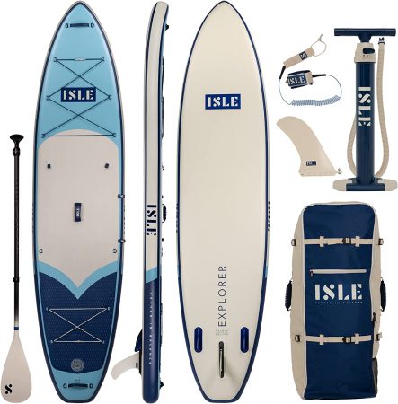 the isle explorer inflatable paddle board and its accessories