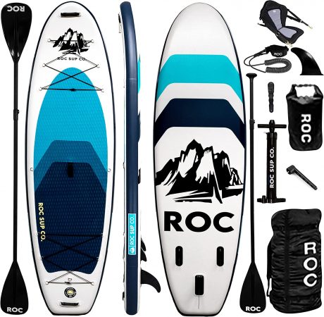 the ROC Kahuna inflatable paddle board and its accessories